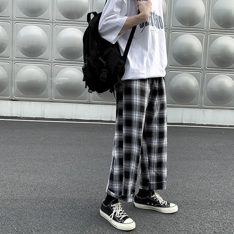 Leisure Plaid Loose Fried Street Draping Draggle-tail Straight Trousers