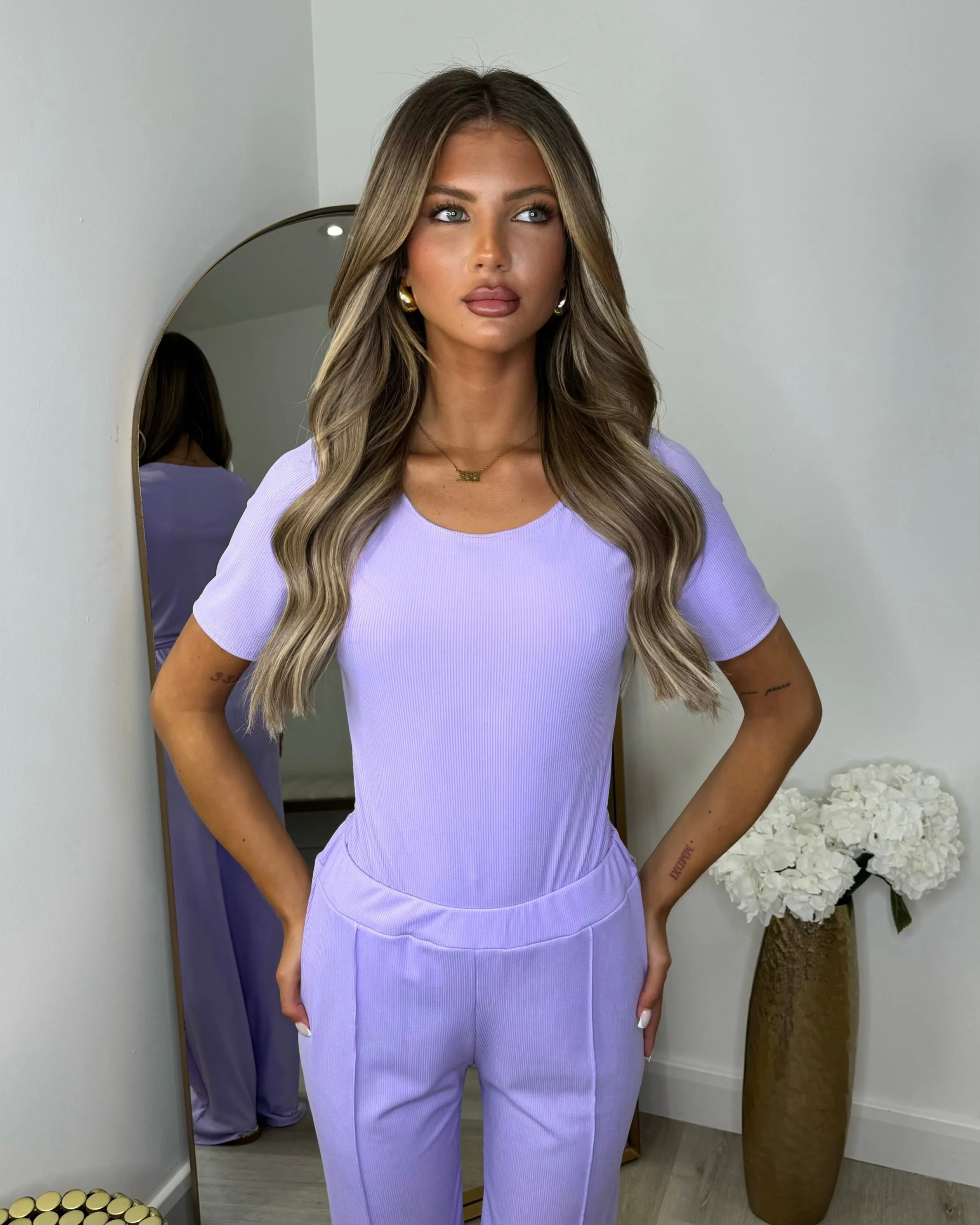 Libby Ribbed Bodysuit & Wide Leg Trousers - Lilac