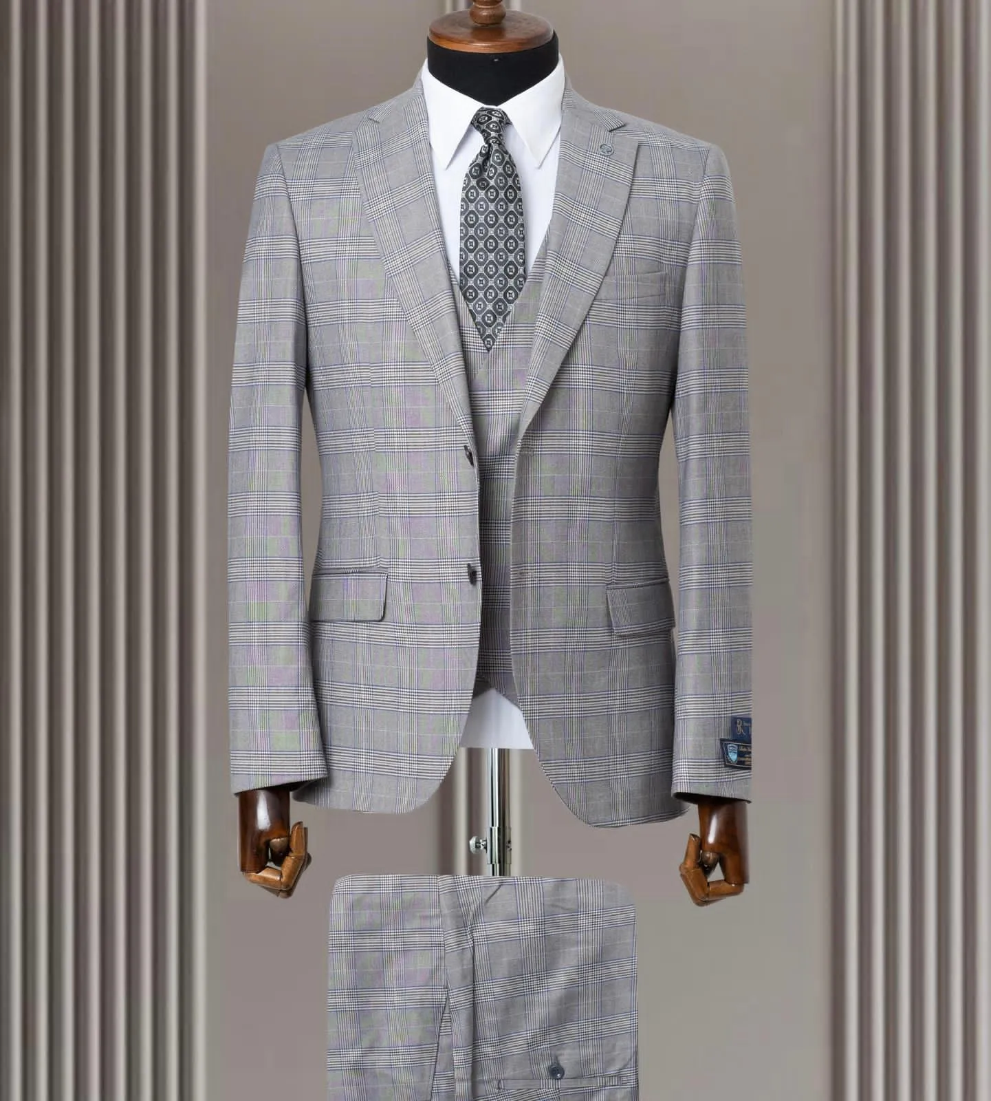 Light Grey Mens Suit With Blue Check