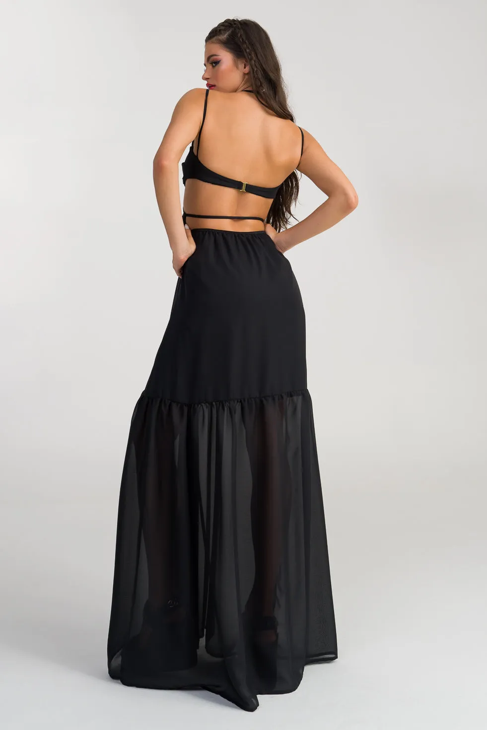 Lillian  Black Silk flared maxi dress