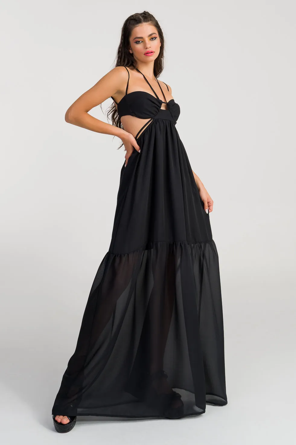 Lillian  Black Silk flared maxi dress