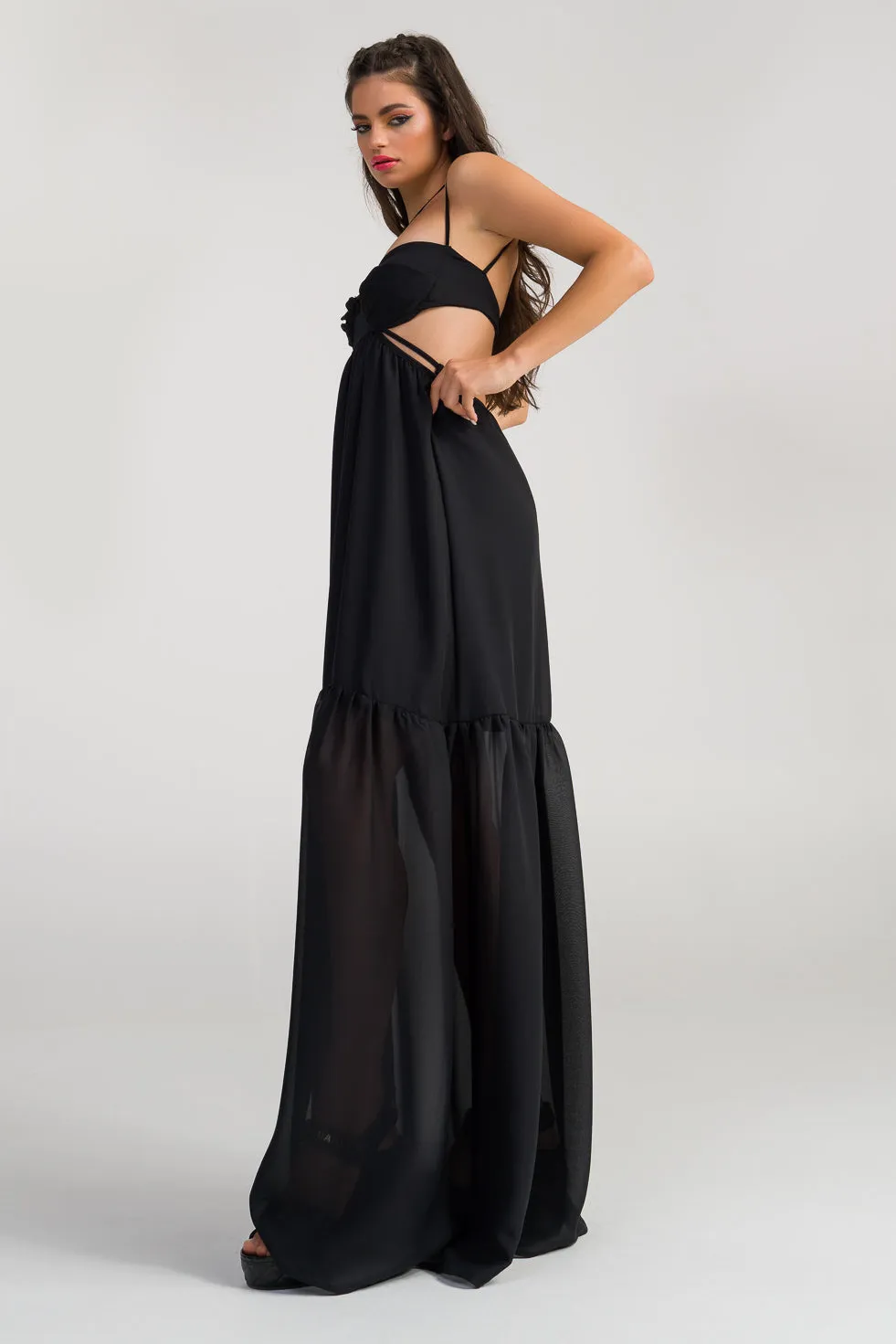 Lillian  Black Silk flared maxi dress