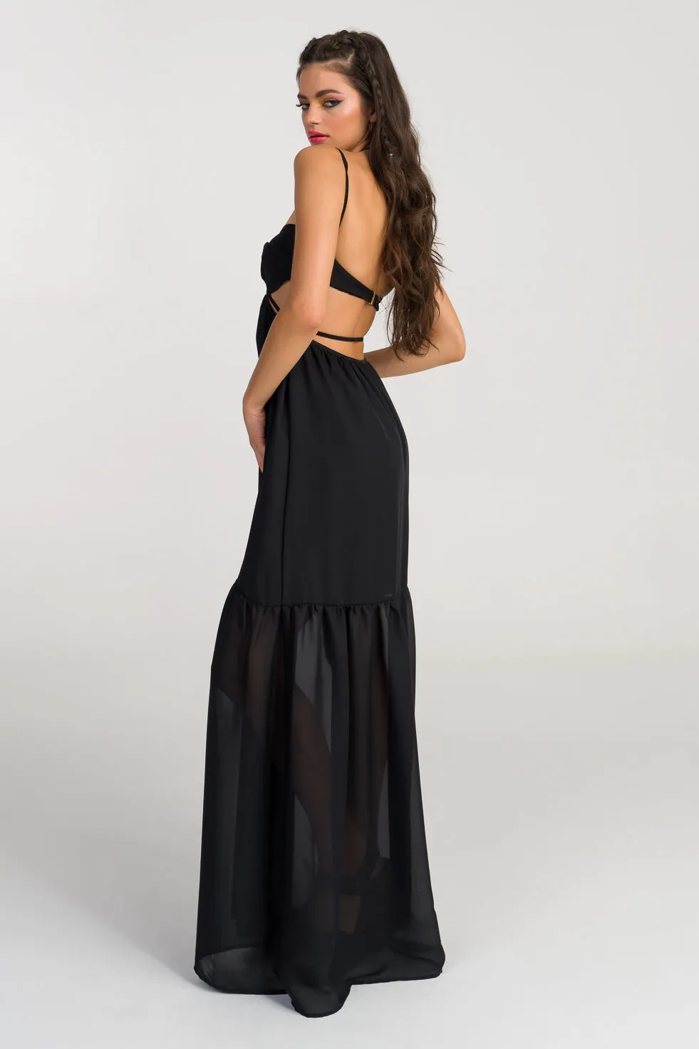 Lillian  Black Silk flared maxi dress