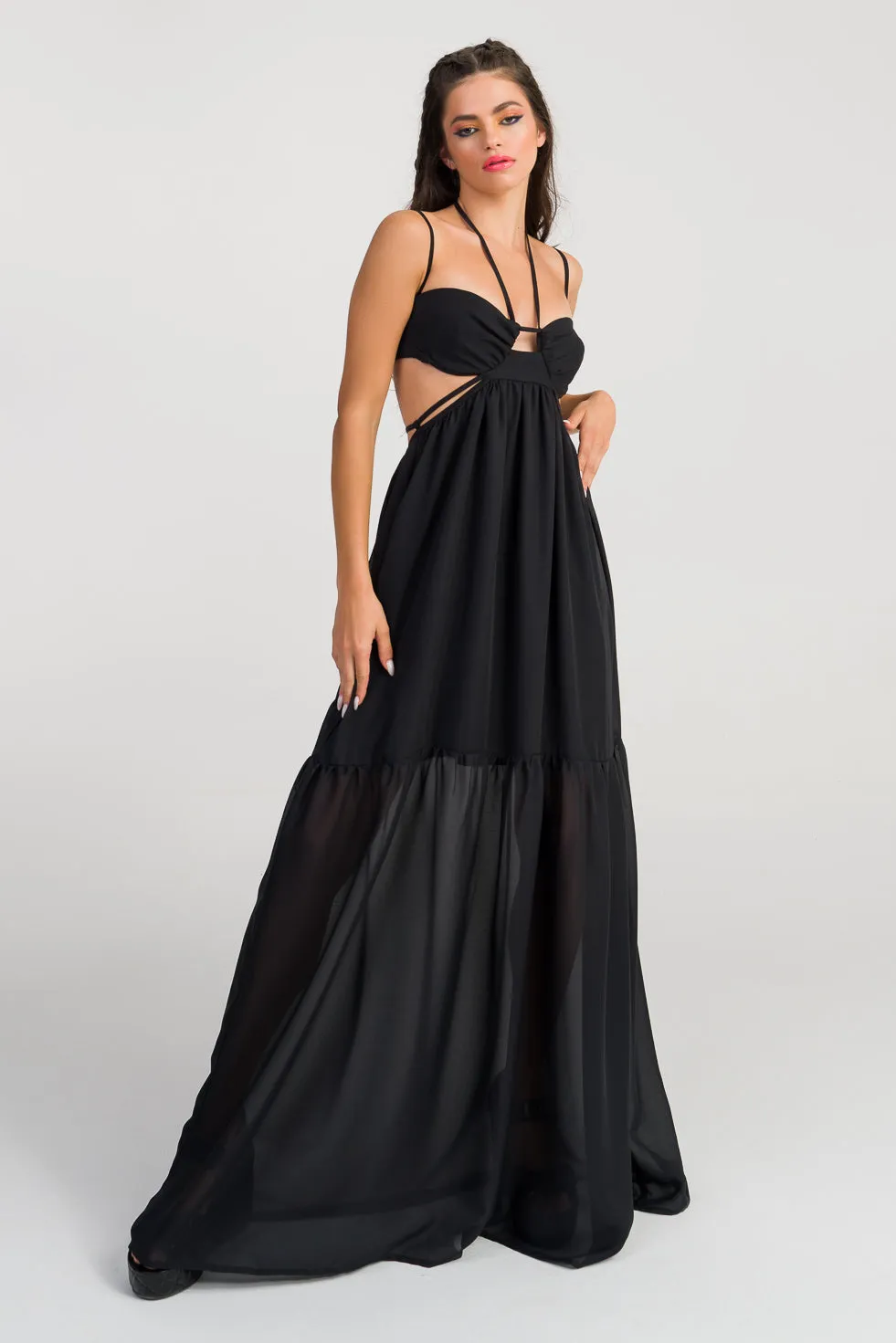 Lillian  Black Silk flared maxi dress