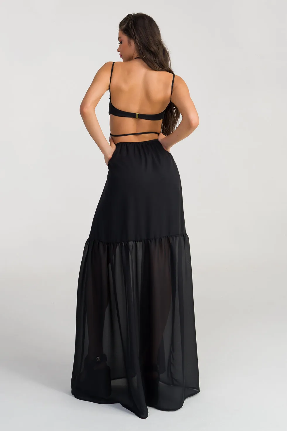 Lillian  Black Silk flared maxi dress