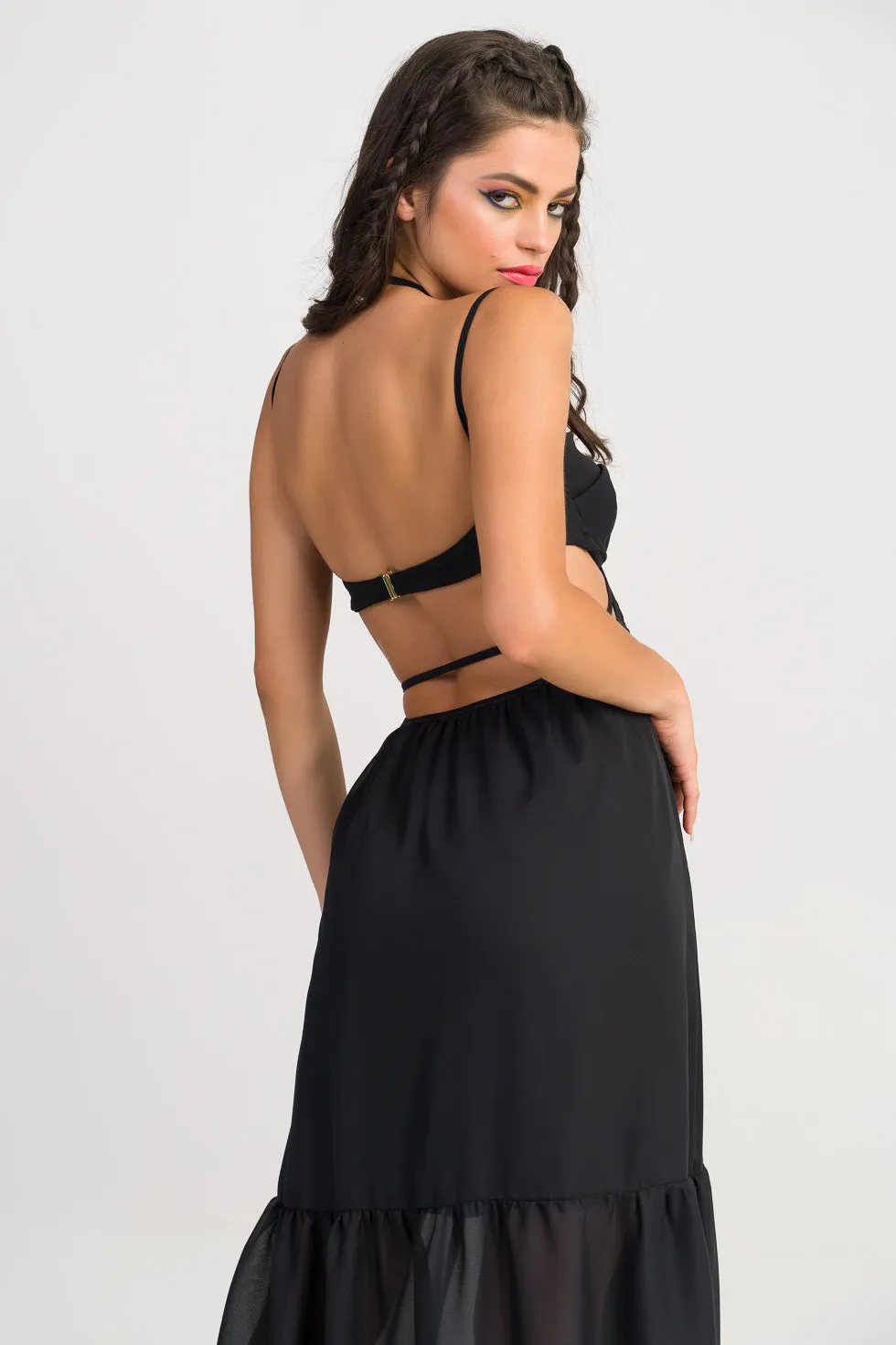 Lillian  Black Silk flared maxi dress