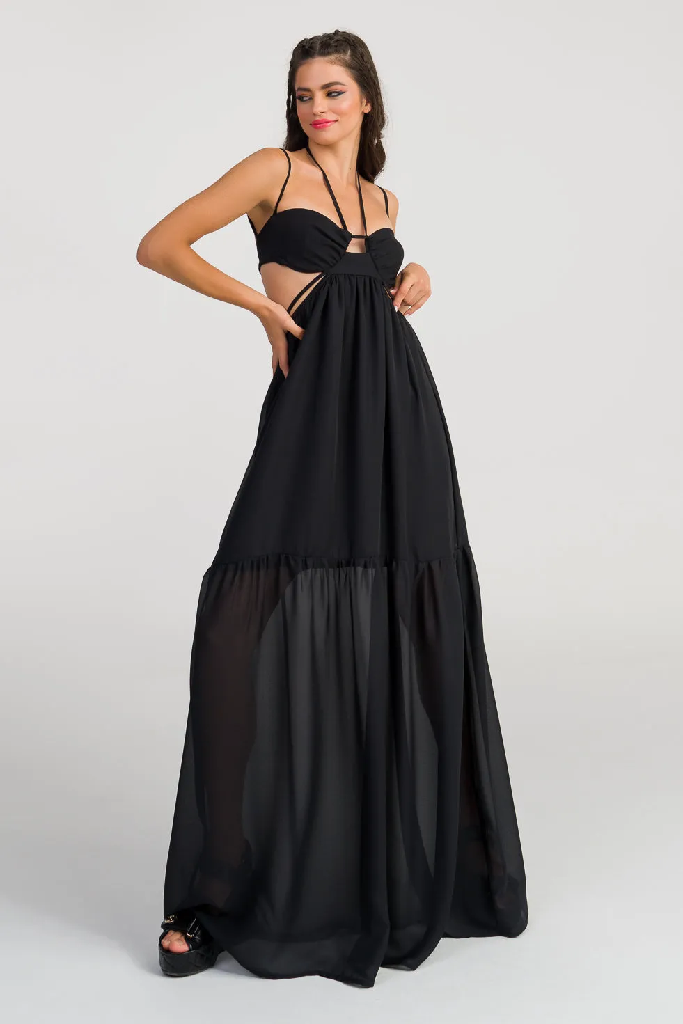 Lillian  Black Silk flared maxi dress