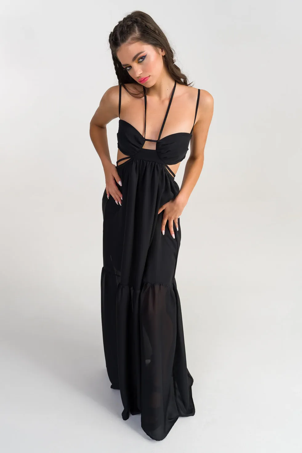 Lillian  Black Silk flared maxi dress