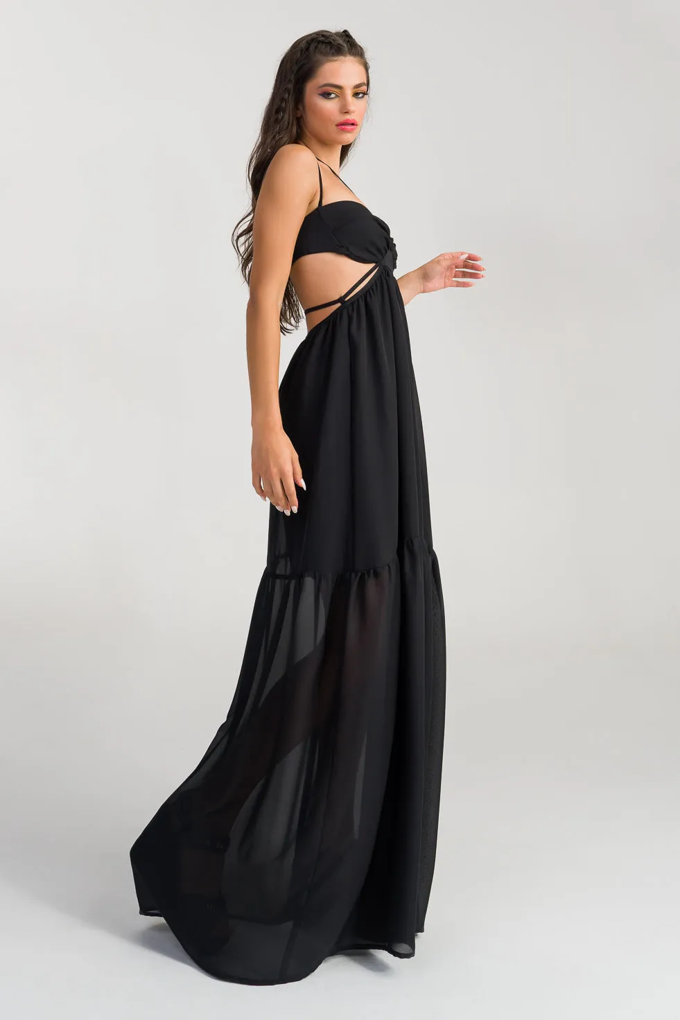 Lillian  Black Silk flared maxi dress