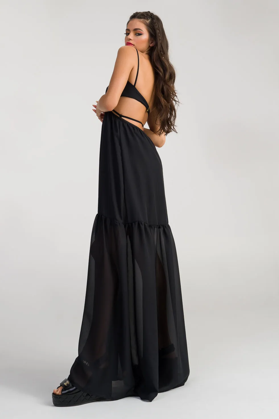 Lillian  Black Silk flared maxi dress