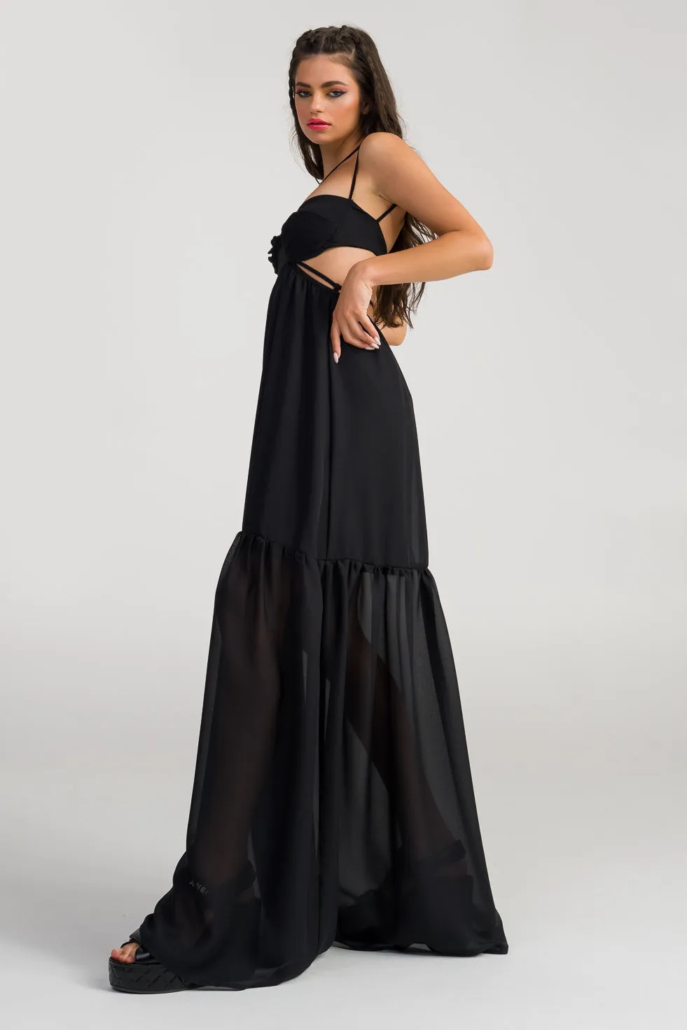 Lillian  Black Silk flared maxi dress