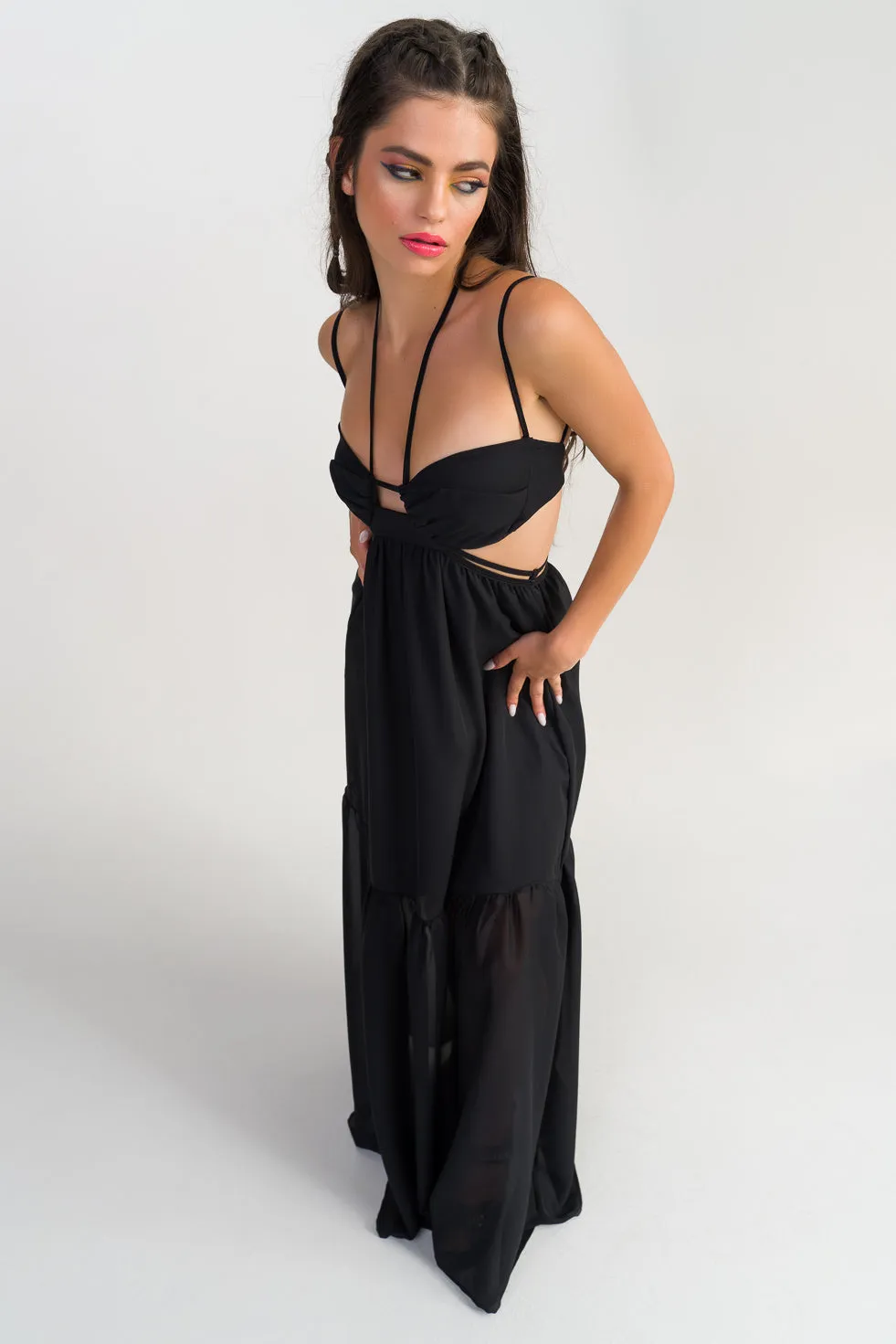 Lillian  Black Silk flared maxi dress