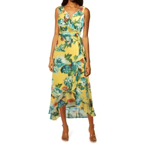 London Times Women's Floral Print Ruffle Trim Wrap Chiffon Midi Dress