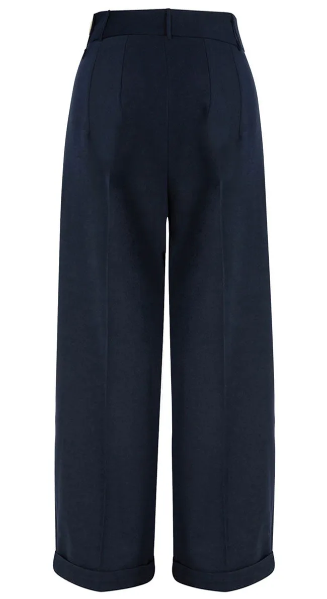 Long Tall 1930s and 40s Classic High Waist Wide Leg Trousers in Navy