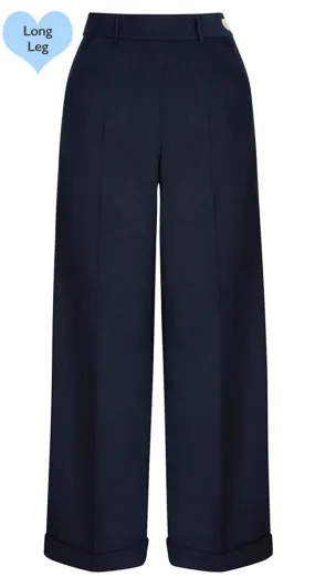 Long Tall 1930s and 40s Classic High Waist Wide Leg Trousers in Navy