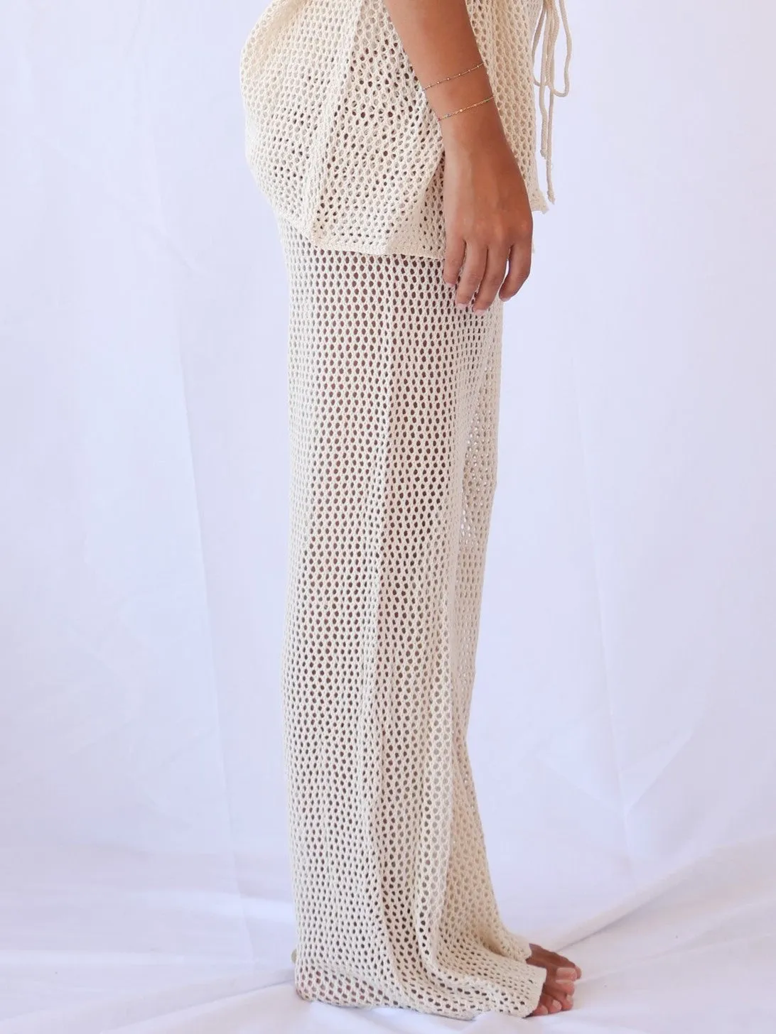 Loro Crochet Relaxed Beach Trousers with Drawstring in Beige