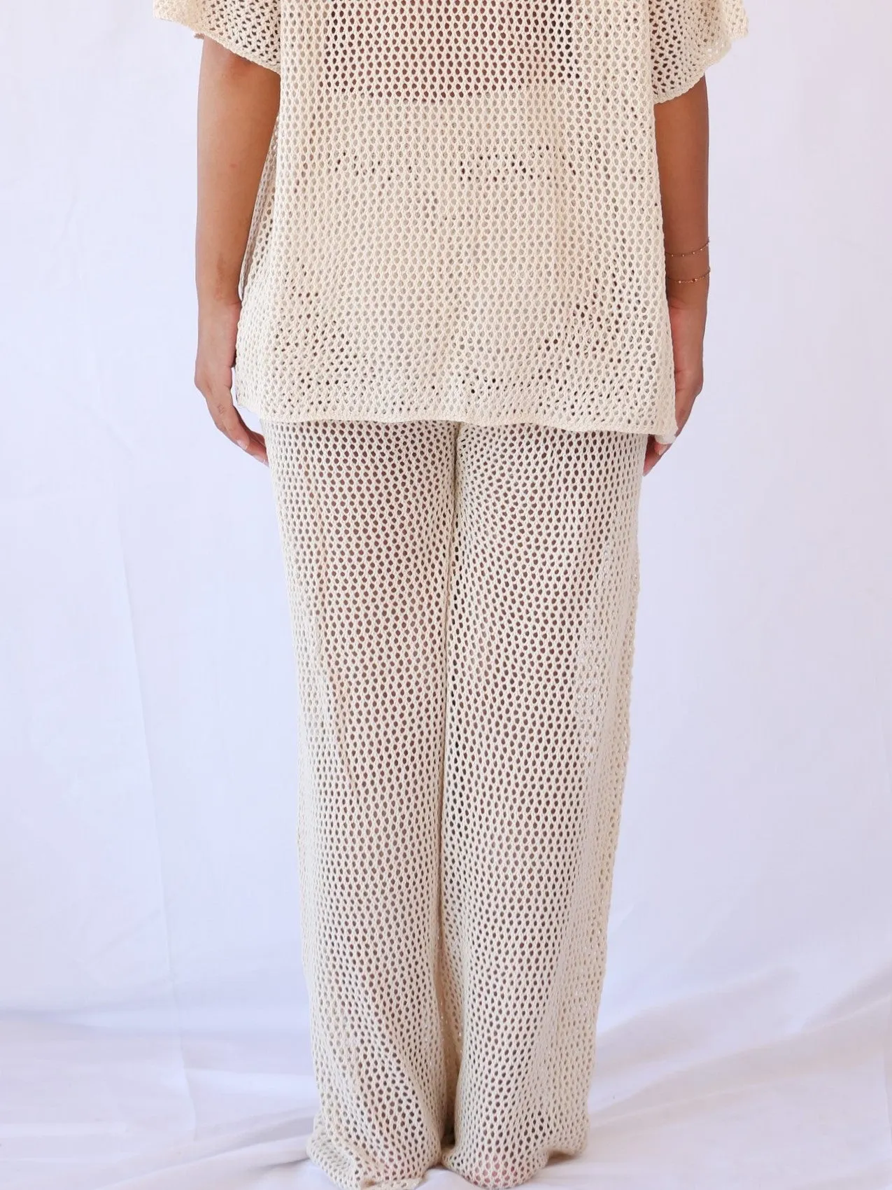 Loro Crochet Relaxed Beach Trousers with Drawstring in Beige