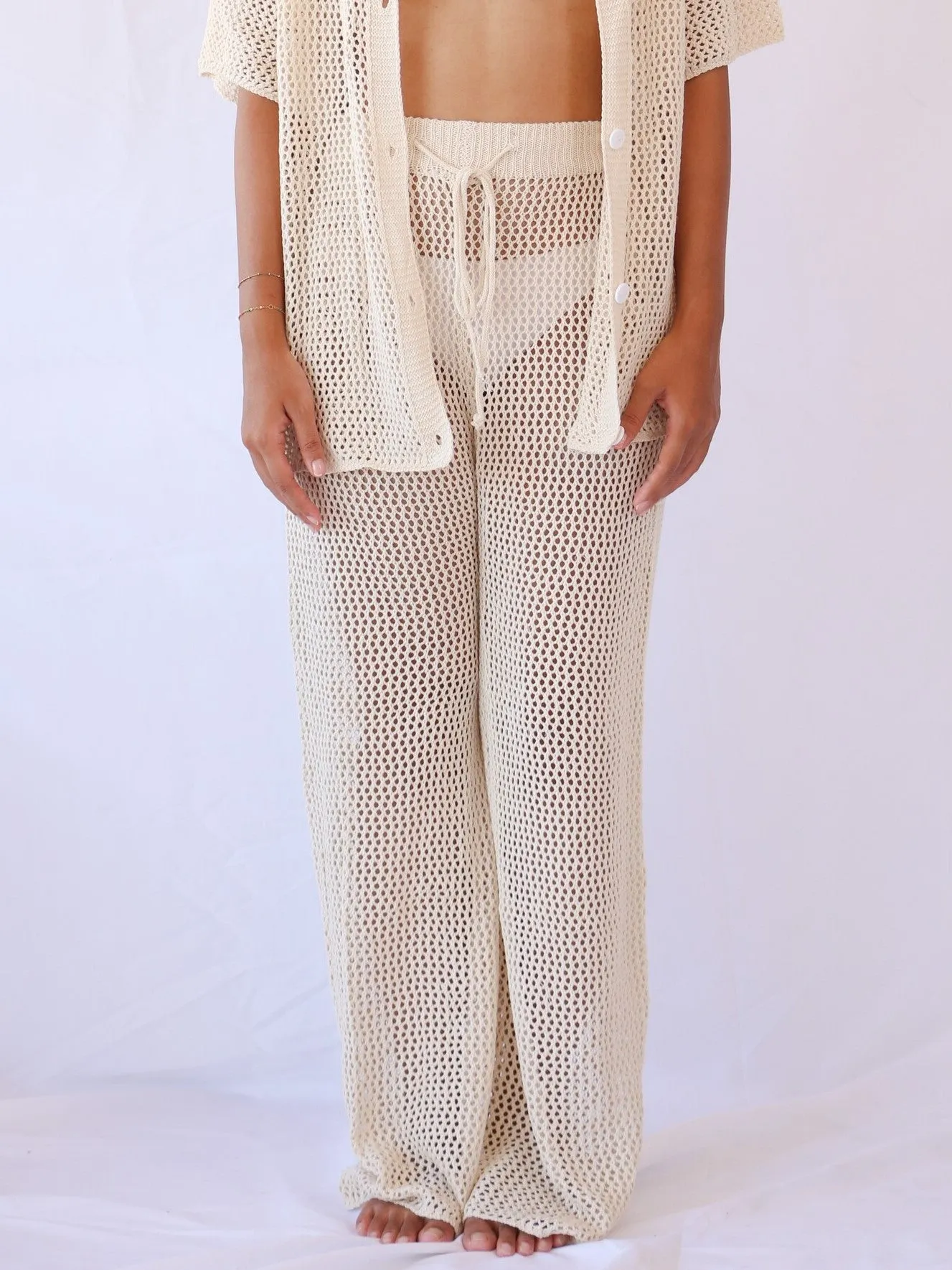 Loro Crochet Relaxed Beach Trousers with Drawstring in Beige