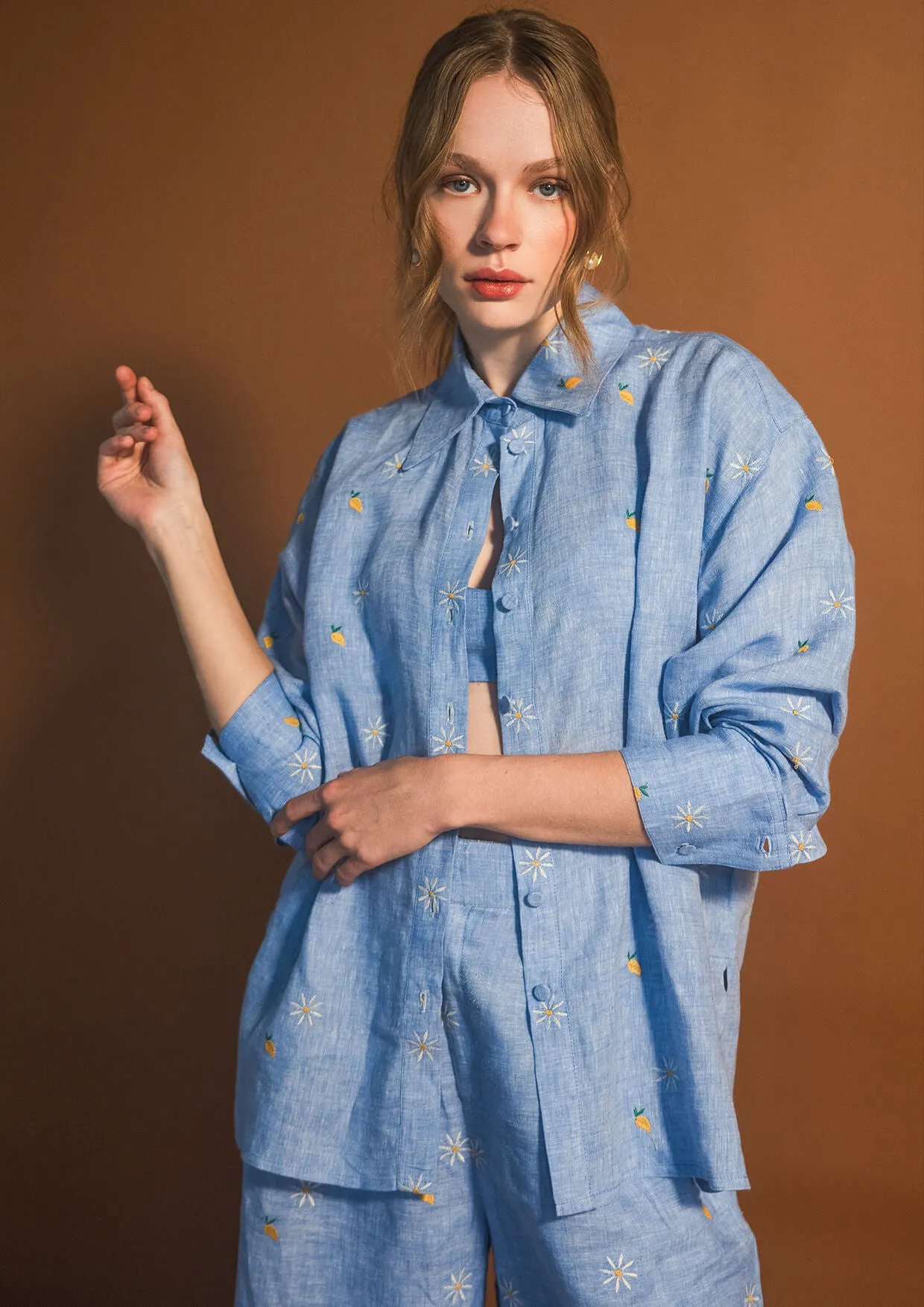 Mango Camomile Embroidered Button-Down Linen Shirt