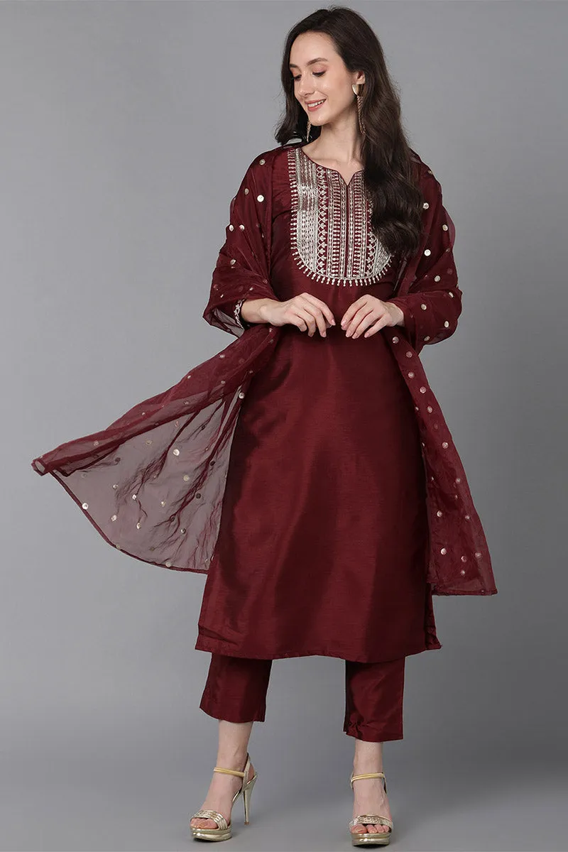 Maroon Poly Silk Solid Yoke Design Kurta Trousers With Dupatta