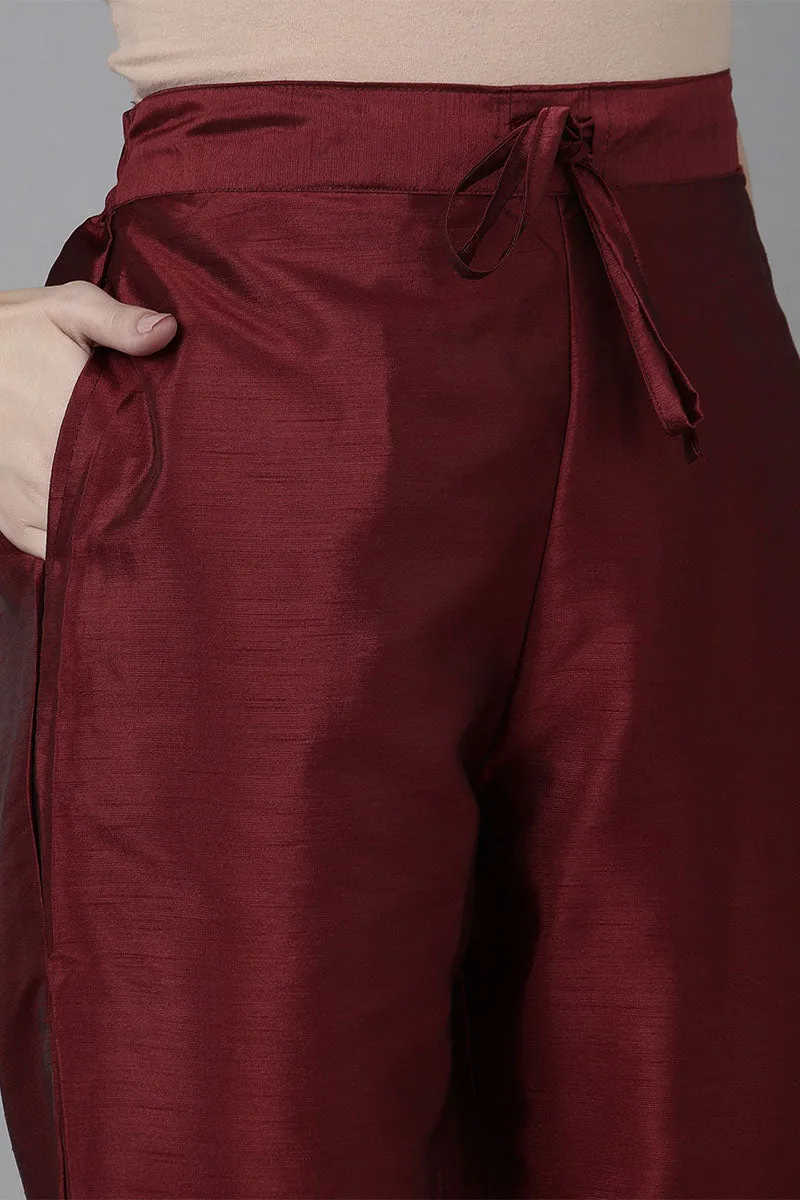 Maroon Poly Silk Solid Yoke Design Kurta Trousers With Dupatta