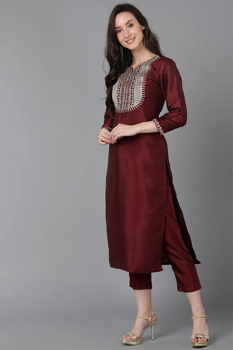 Maroon Poly Silk Solid Yoke Design Kurta Trousers With Dupatta