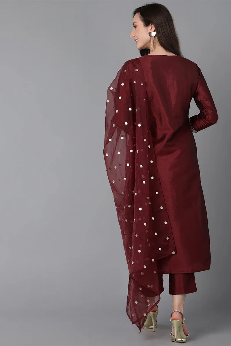 Maroon Poly Silk Solid Yoke Design Kurta Trousers With Dupatta