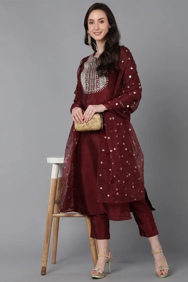 Maroon Poly Silk Solid Yoke Design Kurta Trousers With Dupatta