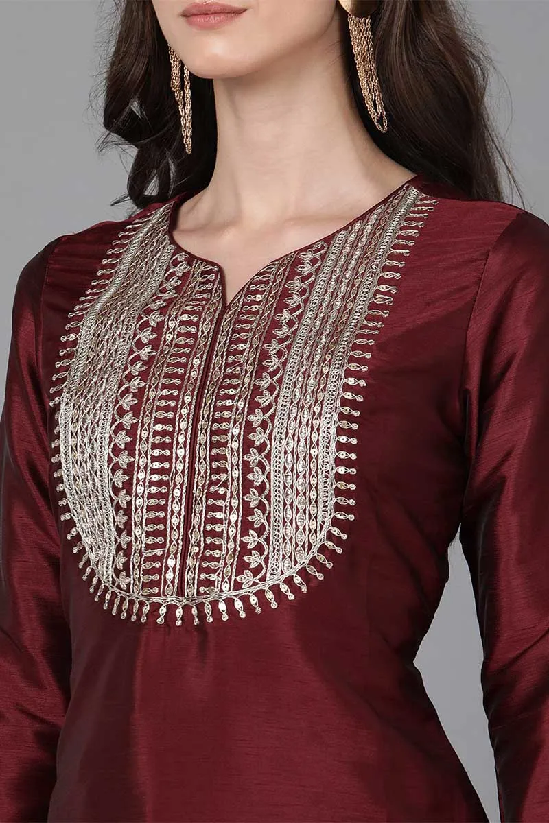 Maroon Poly Silk Solid Yoke Design Kurta Trousers With Dupatta