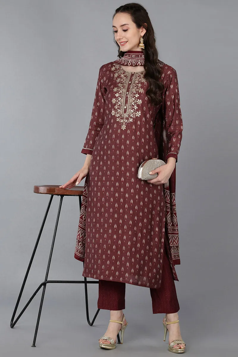 Maroon Silk Blend Geometric Straight Kurta Trousers With Dupatta