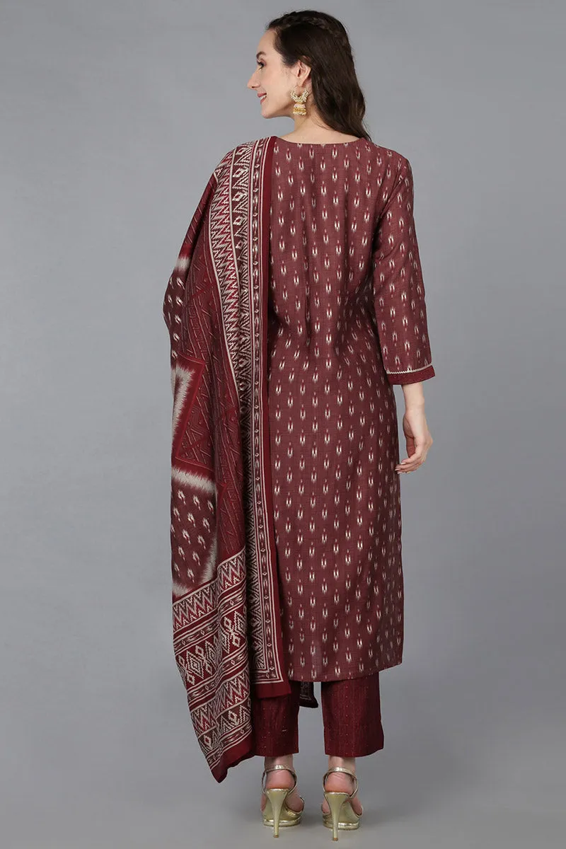 Maroon Silk Blend Geometric Straight Kurta Trousers With Dupatta