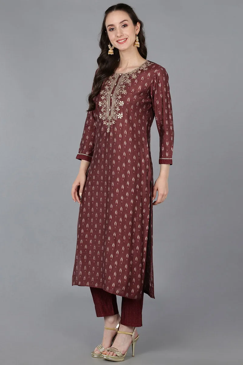 Maroon Silk Blend Geometric Straight Kurta Trousers With Dupatta