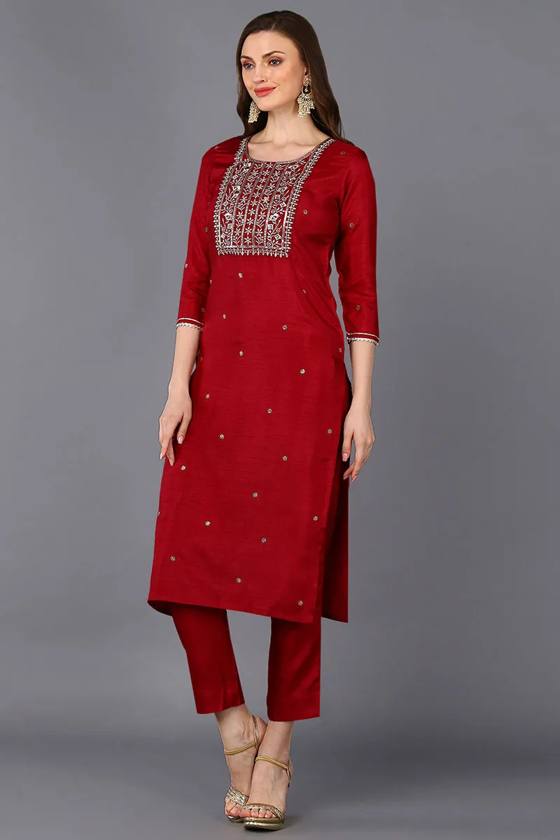 Maroon Silk Blend Rogan Work Straight Suit Set