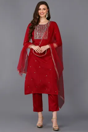 Maroon Silk Blend Rogan Work Straight Suit Set