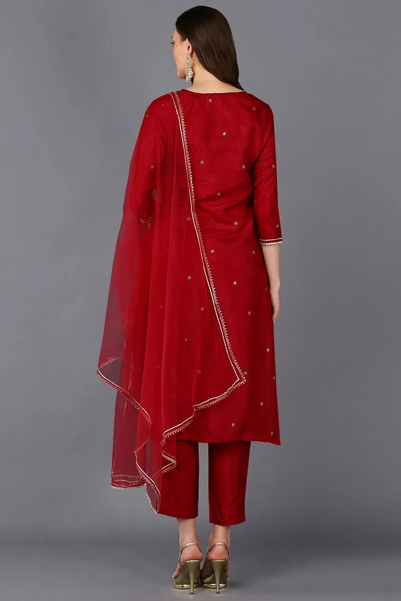 Maroon Silk Blend Rogan Work Straight Suit Set