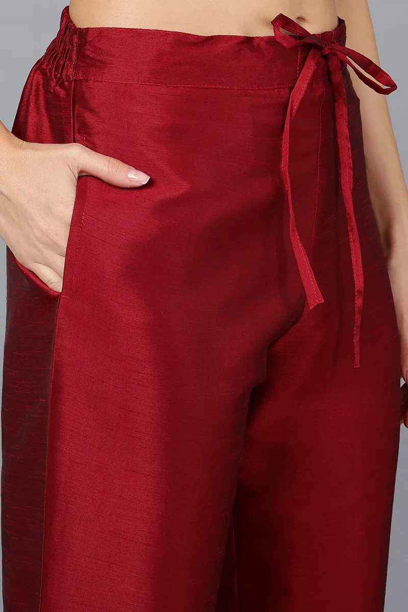 Maroon Silk Blend Yoke Design Kurta Trouser With Dupatta