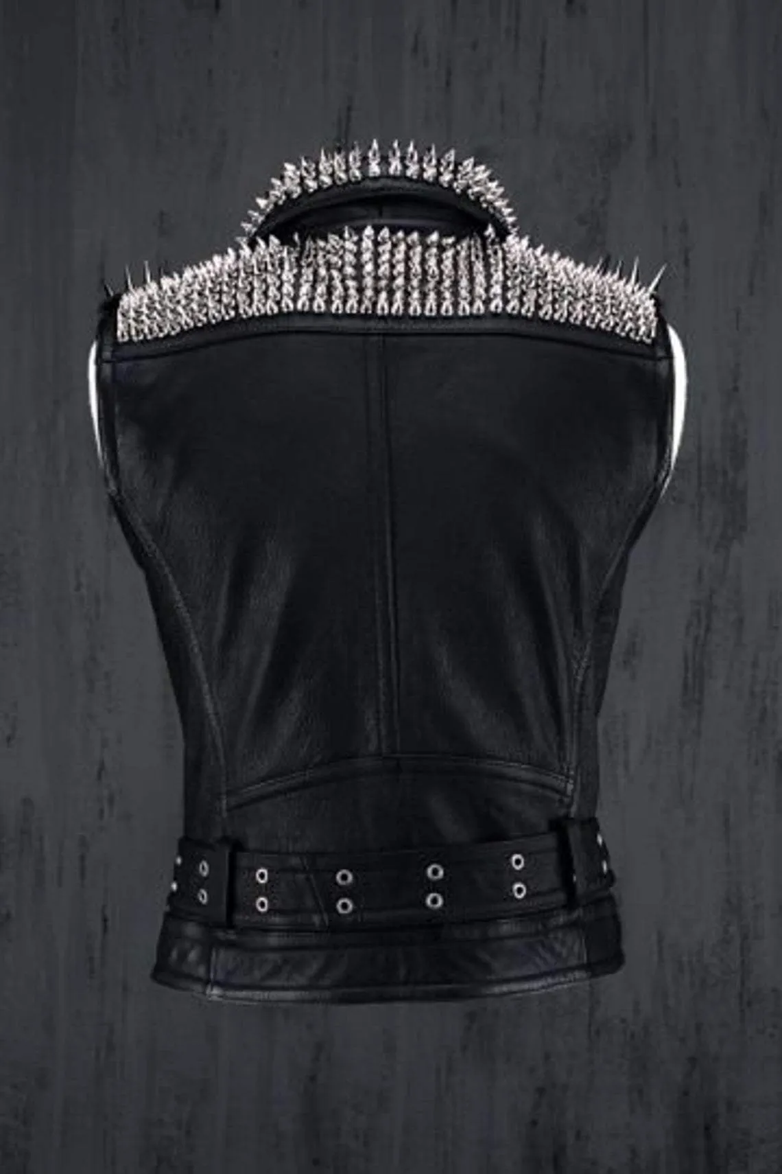 Men Black Punk Silver Long Spiked Studded Leather Buttons Up Vest Silver Studs and Spikes Black Leather Studs Spike