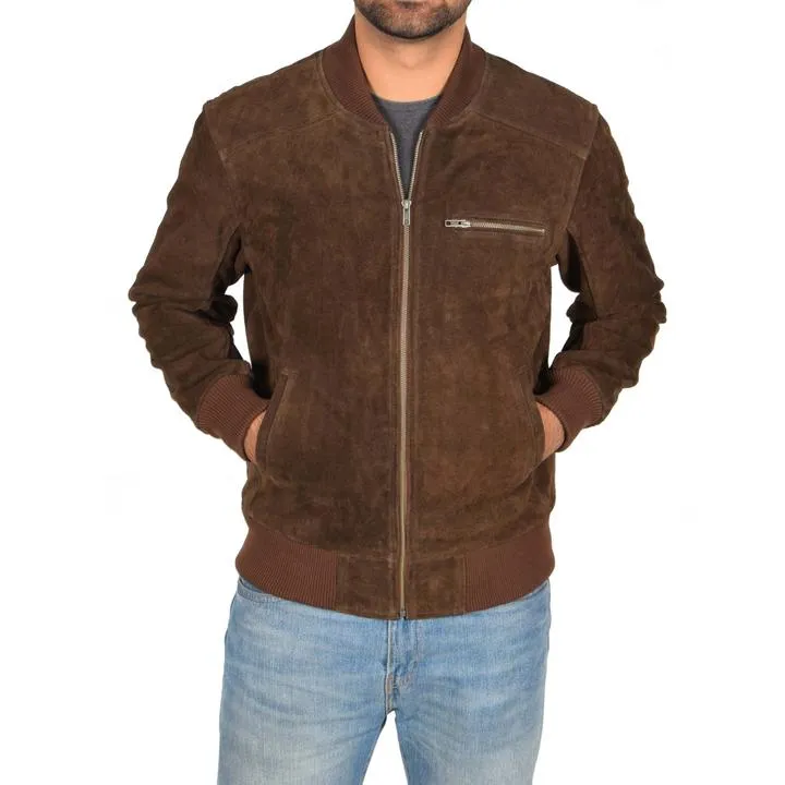 Men’s Chocolate Brown Suede Leather Bomber Jacket