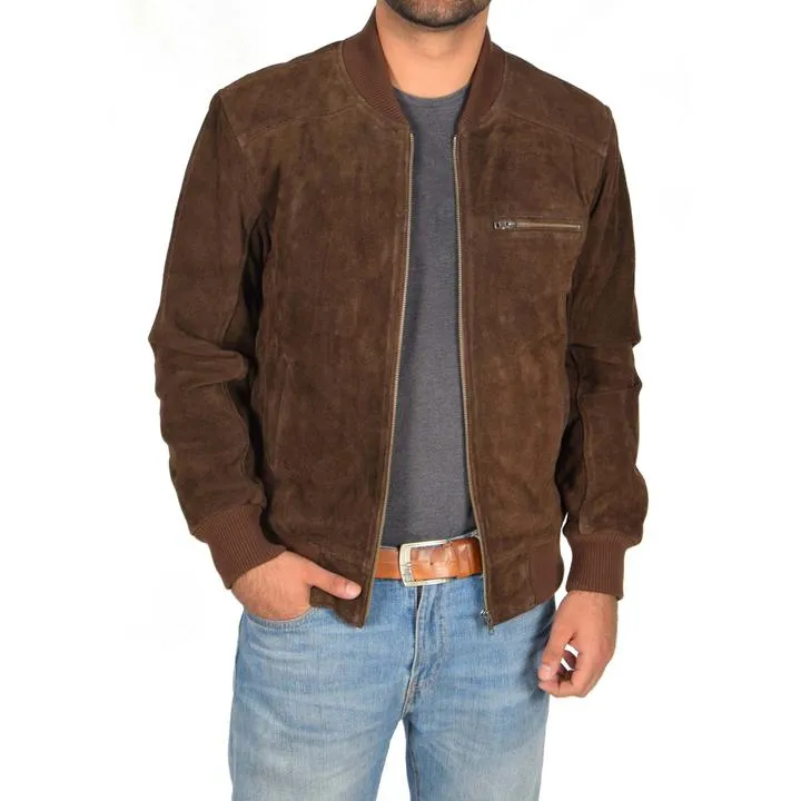 Men’s Chocolate Brown Suede Leather Bomber Jacket