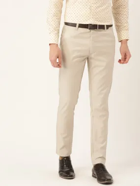 Men's Cotton Blend Beige Solid Formal Trousers - Sojanya