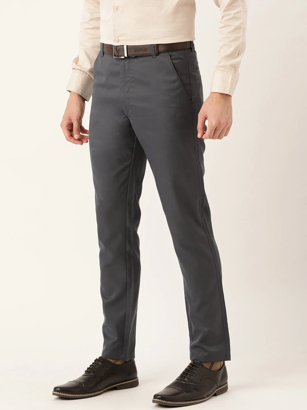 Men's Cotton Blend Charcoal Grey Solid Formal Trousers - Sojanya