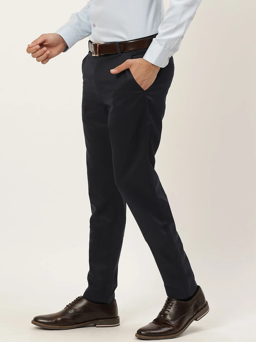 Men's Cotton Blend Dark Navy Blue Solid Formal Trousers - Sojanya