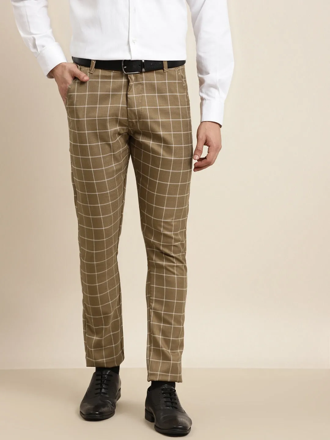 Men's Cotton Blend Khaki & Offwhite Checked Casual Trousers - Sojanya