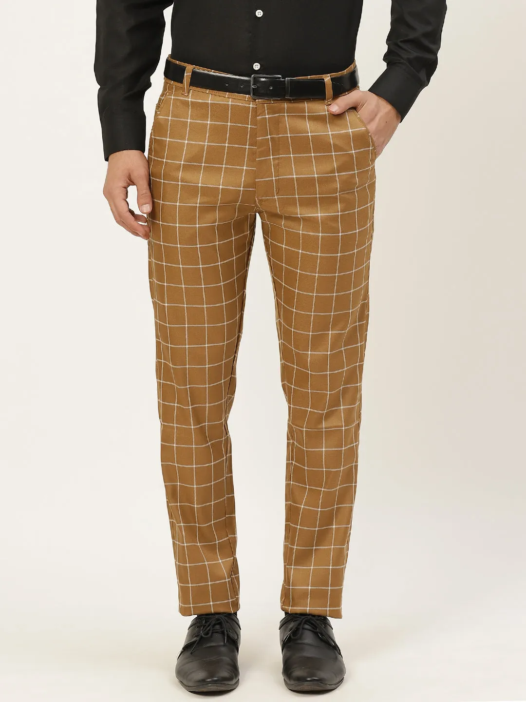 Men's Cotton Blend Khaki & Offwhite Checked Formal Trousers - Sojanya