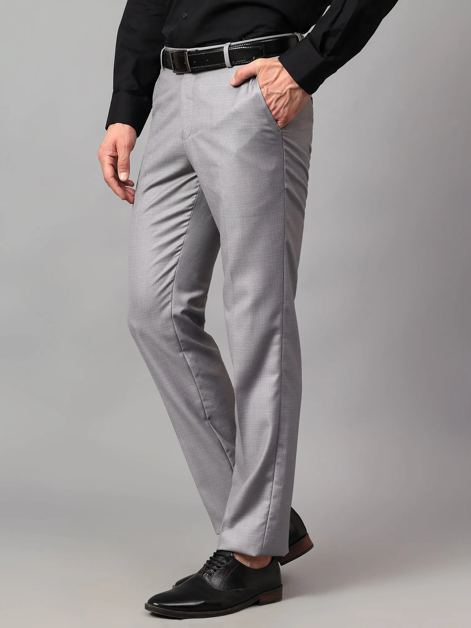 Men's Grey Solid Non-Pleated Formal Trouser