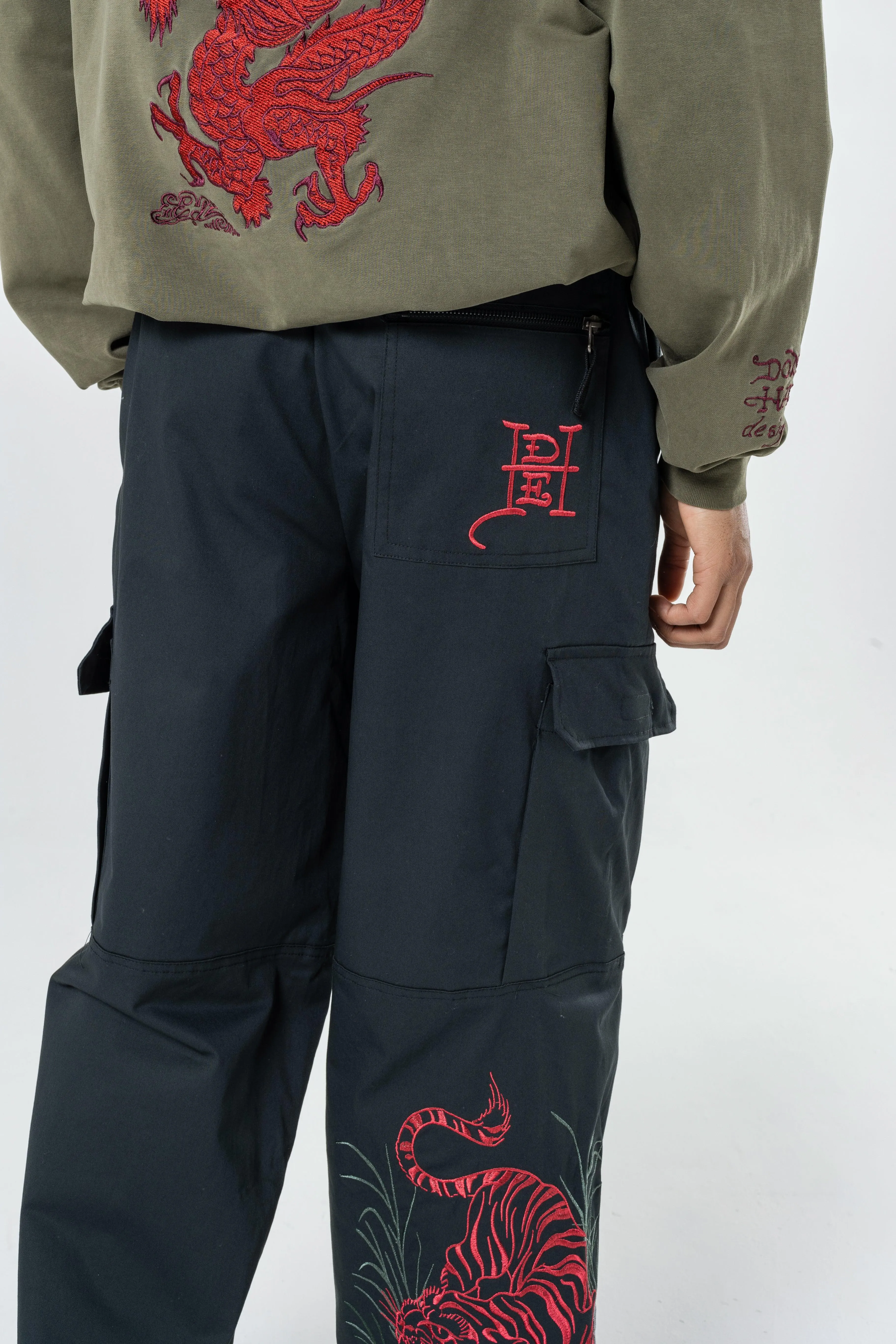 Mens Jungle Tiger Cargo Pants Trousers - Black