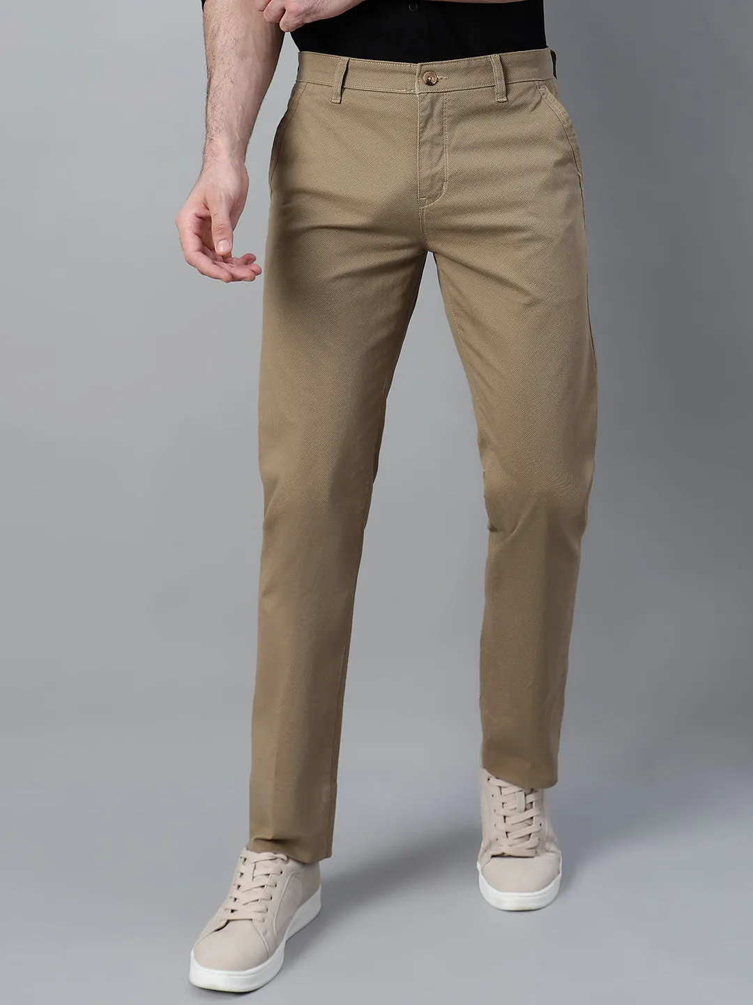 Men's Khaki Self Design Non-Pleated Casual Trouser