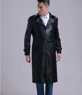 Men's Leather Knee Length Trench Long Coat MC04