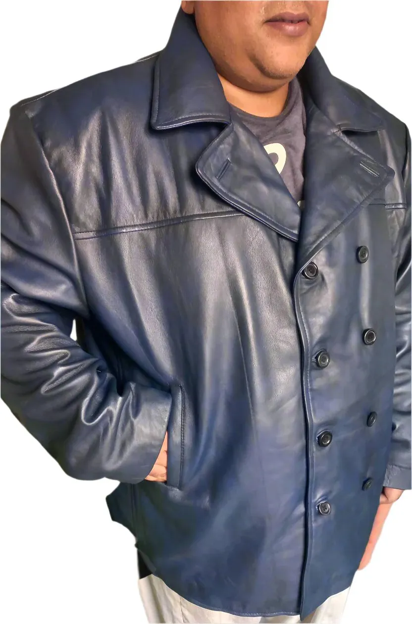 Mens Leather Pea Coat Classic Naval Pea Coat Style