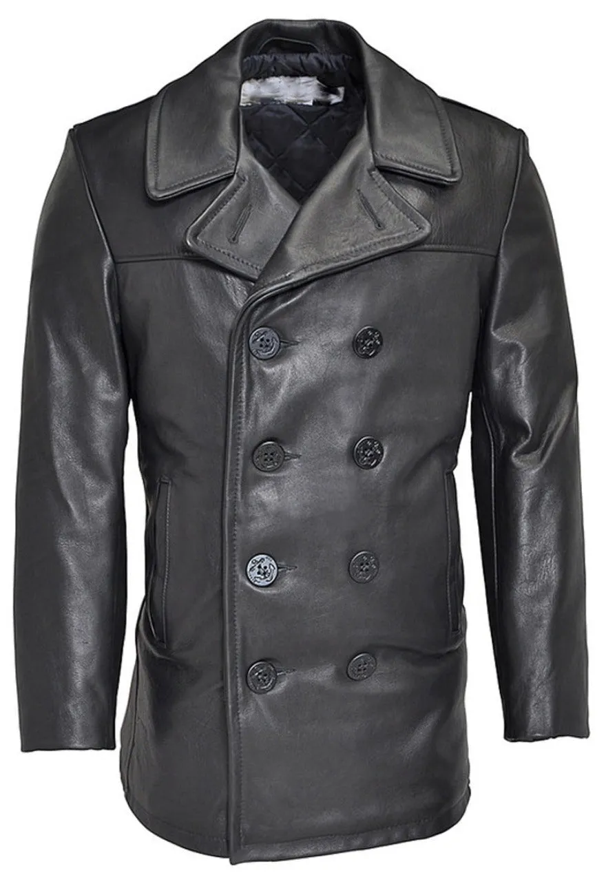 Mens Leather Pea Coat Classic Naval Pea Coat Style